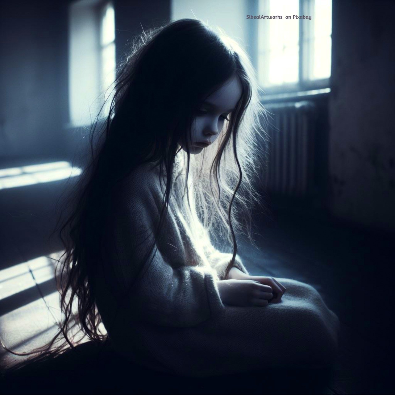 An AI generated image of a young girl sitting, sad, alone. Image by SibealArtworks on Pixabay