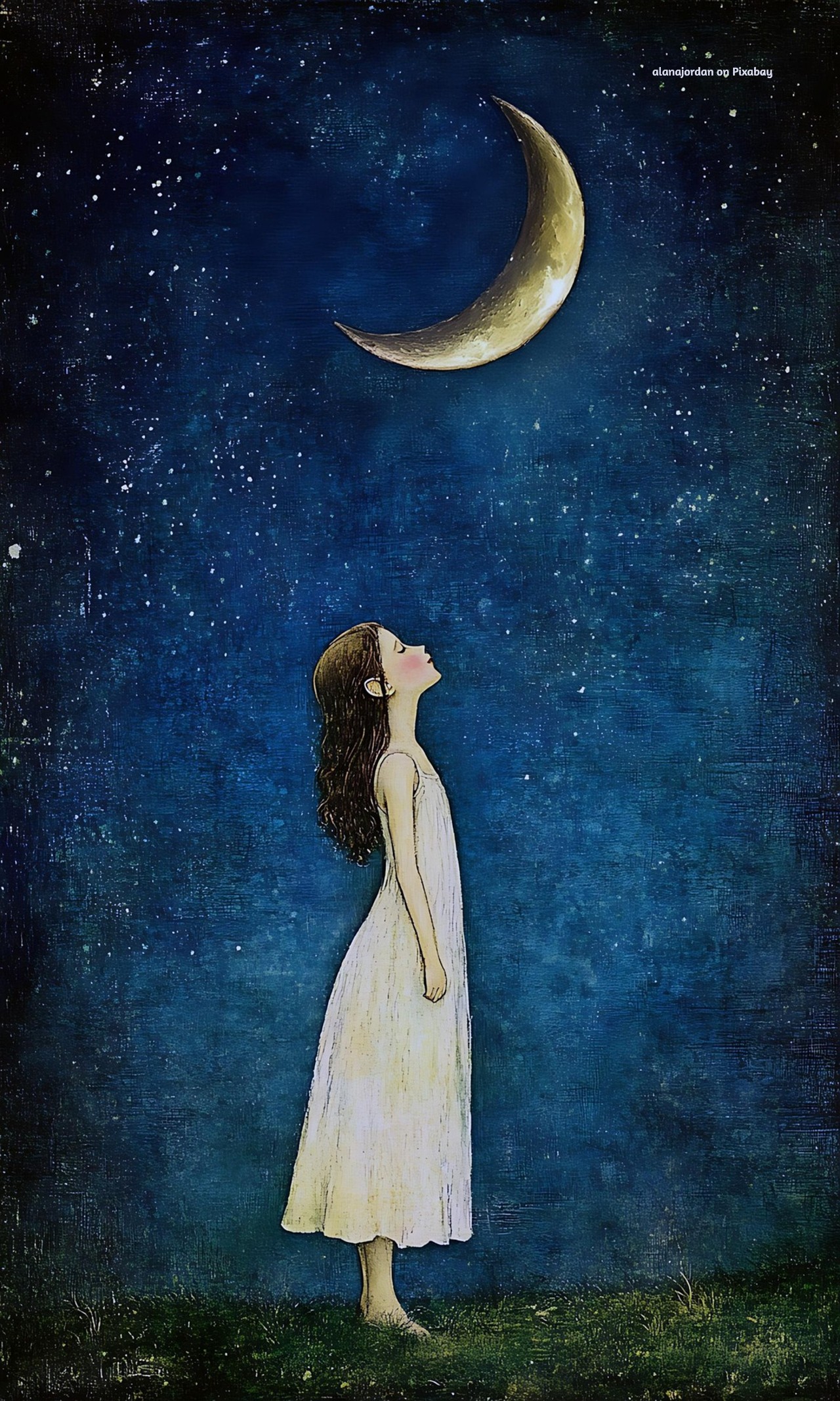 AI-generated an illustration of a young girl looking up at the moon. Created by AlanaJordan on Pixabay